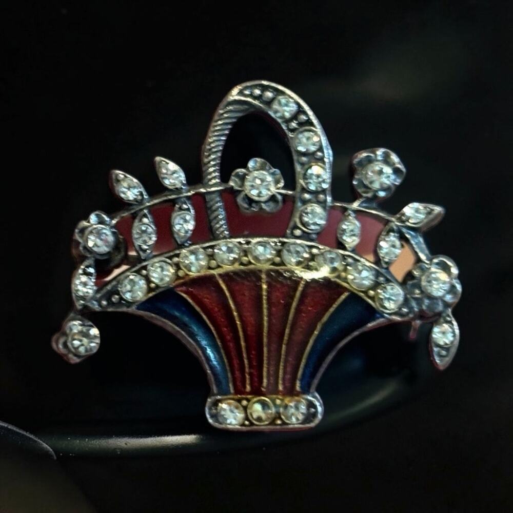 Art Deco Rhinestone Flower Basket Brooch Red Blue Enamel Romantic Vintage